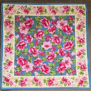 Stunning Vintage Floral Kenzo Neckerchief Scarf - Pink Roses on Blue Background